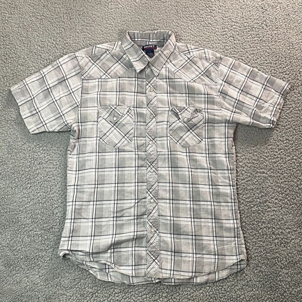 Most Pearl Snap Button Up Shirt Men's Western Short Sleeve Gray Plaid Large
